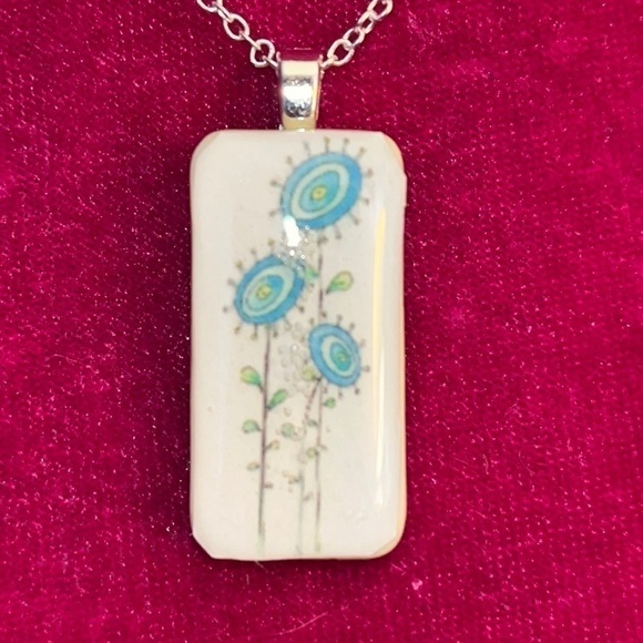 OGT Couture Jewelry - RETRO Blue Flowers Necklace Vintage Upcycled Domino